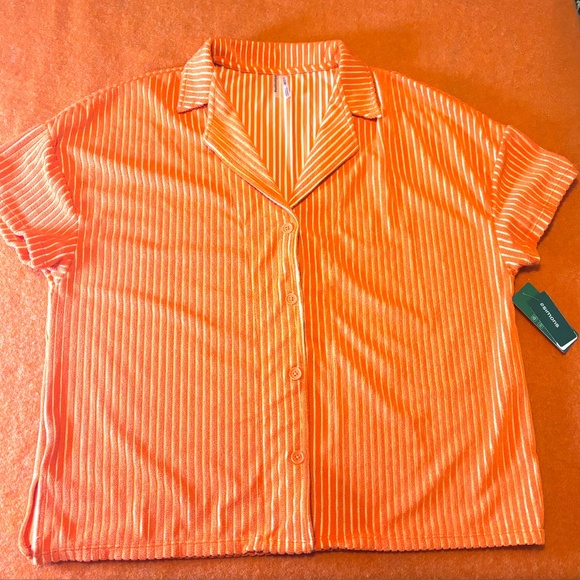 Orange terry short sleeve button up shirt NWT - Picture 2 of 9